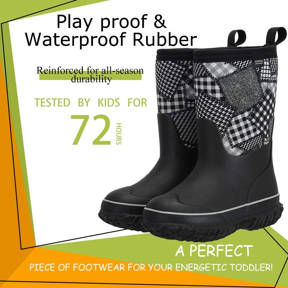 CNSBOR Kids Waterproof Insulated Rubber Neoprene Rain Boots with Easy on Rainboot for Youth