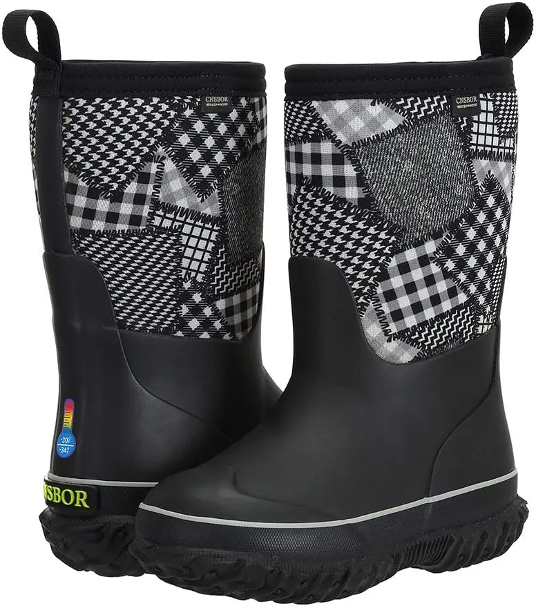 CNSBOR Kids Waterproof Insulated Rubber Neoprene Rain Boots with Easy on Rainboot for Youth