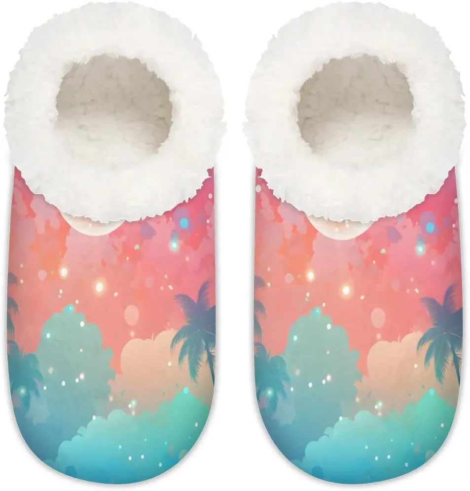 Colorful Sky Moon Coconut Grove Women's Soft Slippers Fuzzy Slip On House Slippers for Winter Bedroom Outdoor with Fleece Lining