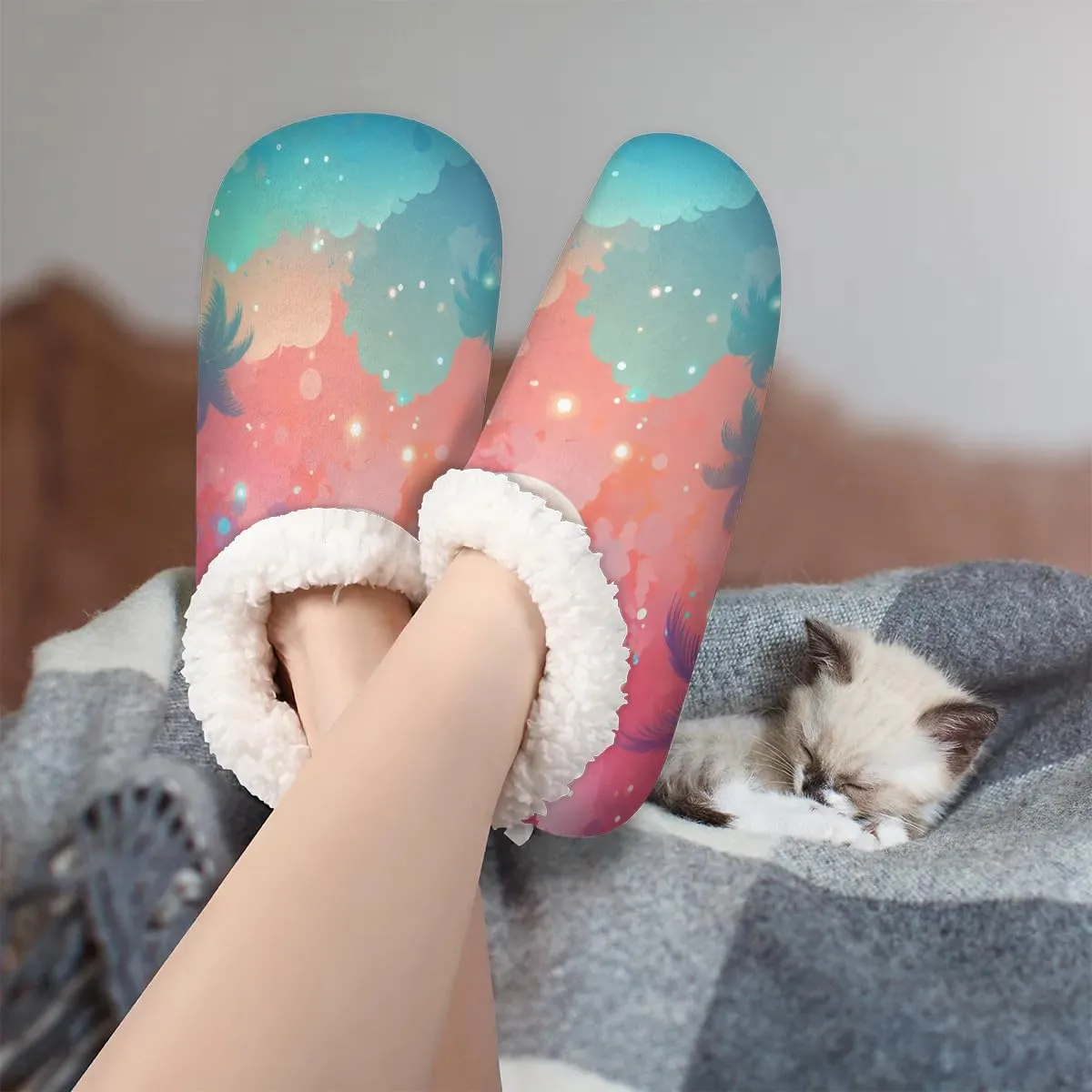 Colorful Sky Moon Coconut Grove Women's Soft Slippers Fuzzy Slip On House Slippers for Winter Bedroom Outdoor with Fleece Lining