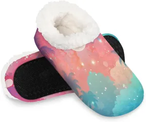 Colorful Sky Moon Coconut Grove Women's Soft Slippers Fuzzy Slip On House Slippers for Winter Bedroom Outdoor with Fleece Lining