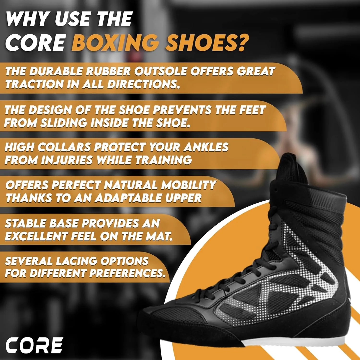 CORE Boxing Shoes - Lightweight Boxing Shoes for Men & Women - Boxing Training Shoes with High Support – High Traction Boxing Boots - Breathable Lace Up Boxer Shoes – Mens Kickboxing Shoes