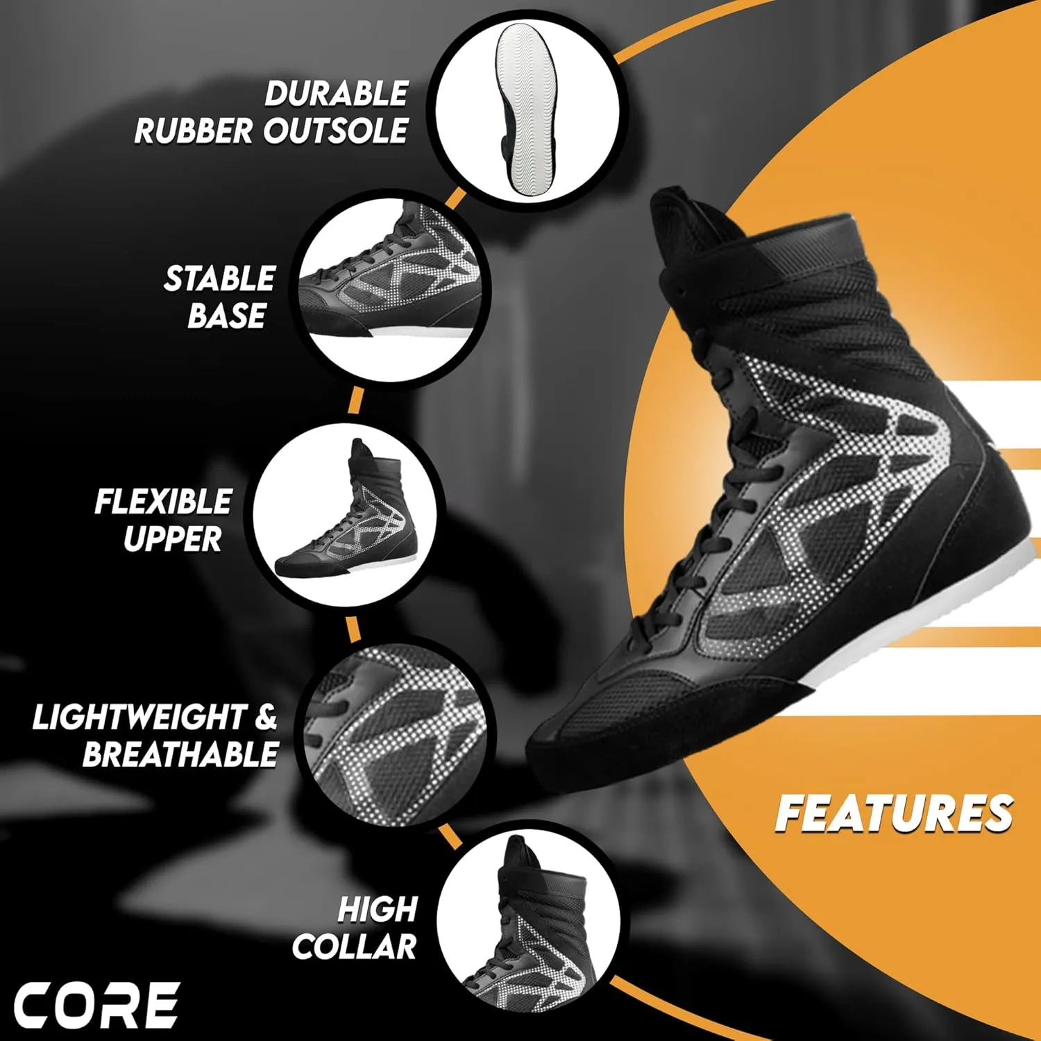 CORE Boxing Shoes - Lightweight Boxing Shoes for Men & Women - Boxing Training Shoes with High Support – High Traction Boxing Boots - Breathable Lace Up Boxer Shoes – Mens Kickboxing Shoes
