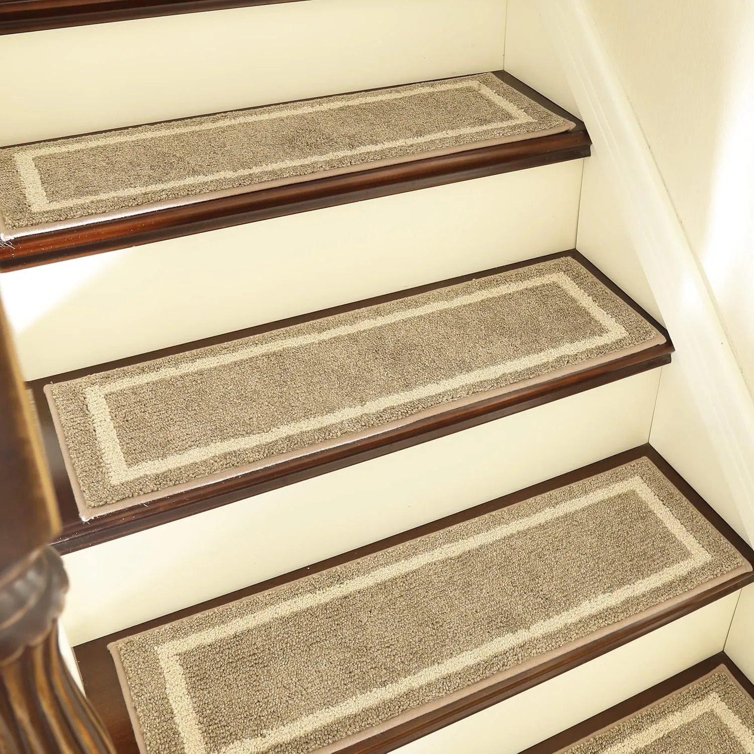 COSY HOMEER Soft Stair Treads Non-Slip Carpet Mat 28inX9in Indoor Stair Runners for Wooden Steps, Stair Rugs for Kids and Dogs, 100% Polyester TPE Backing 7pcs,Beige,Square