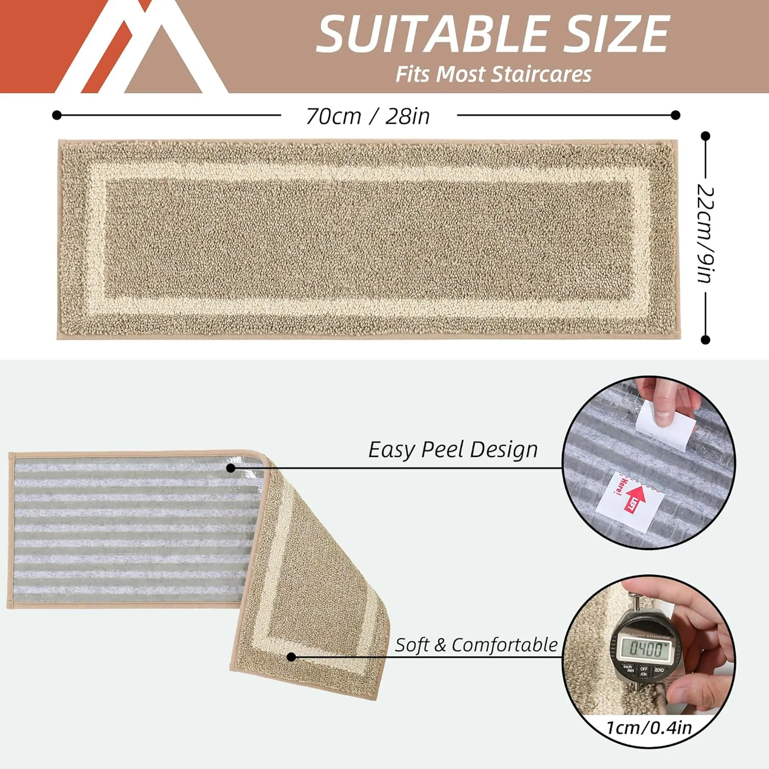 COSY HOMEER Soft Stair Treads Non-Slip Carpet Mat 28inX9in Indoor Stair Runners for Wooden Steps, Stair Rugs for Kids and Dogs, 100% Polyester TPE Backing 7pcs,Beige,Square