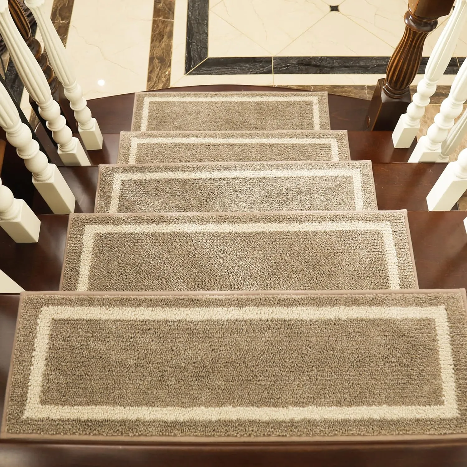 COSY HOMEER Soft Stair Treads Non-Slip Carpet Mat 28inX9in Indoor Stair Runners for Wooden Steps, Stair Rugs for Kids and Dogs, 100% Polyester TPE Backing 7pcs,Beige,Square