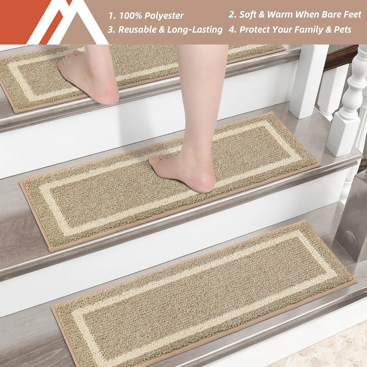 COSY HOMEER Soft Stair Treads Non-Slip Carpet Mat 28inX9in Indoor Stair Runners for Wooden Steps, Stair Rugs for Kids and Dogs, 100% Polyester TPE Backing 7pcs,Beige,Square