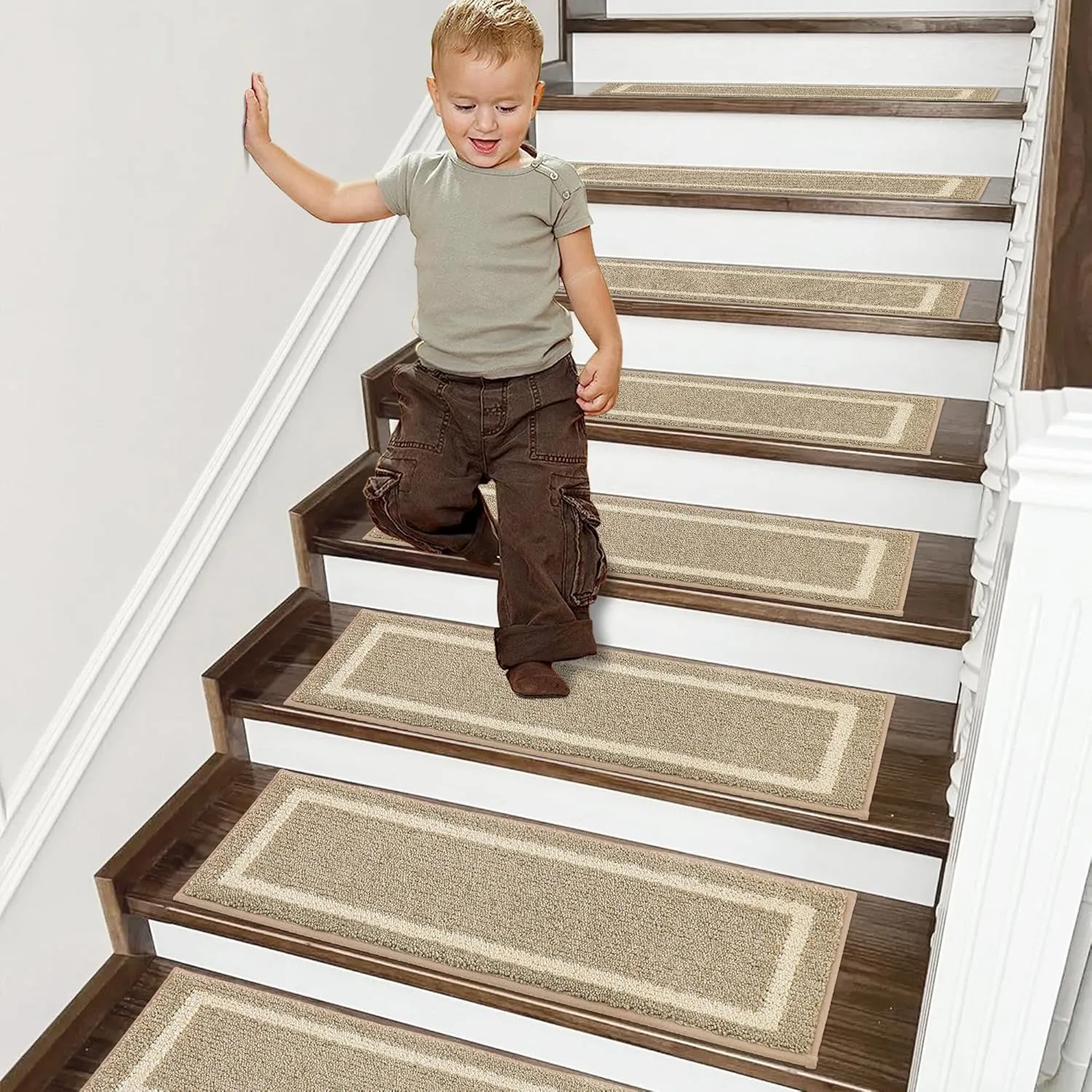 COSY HOMEER Soft Stair Treads Non-Slip Carpet Mat 28inX9in Indoor Stair Runners for Wooden Steps, Stair Rugs for Kids and Dogs, 100% Polyester TPE Backing 7pcs,Beige,Square