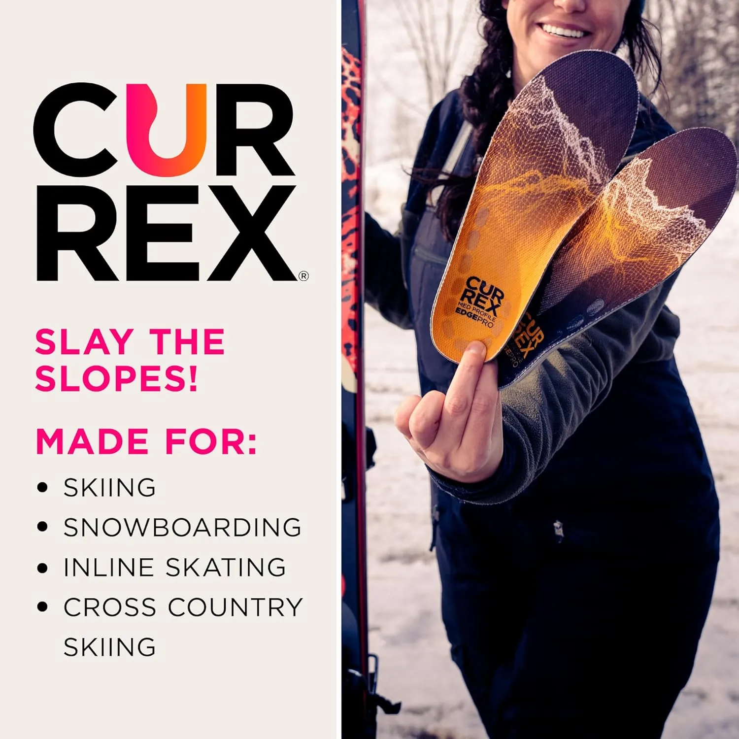 CURREX EdgePro Thermo Regulating Ski Boot Insoles for Snowboarding, Skiing, & Winter Sports – Ski Boot Inserts with Shock Absorbing Cushioning – for Men & Women – High Arch, Large