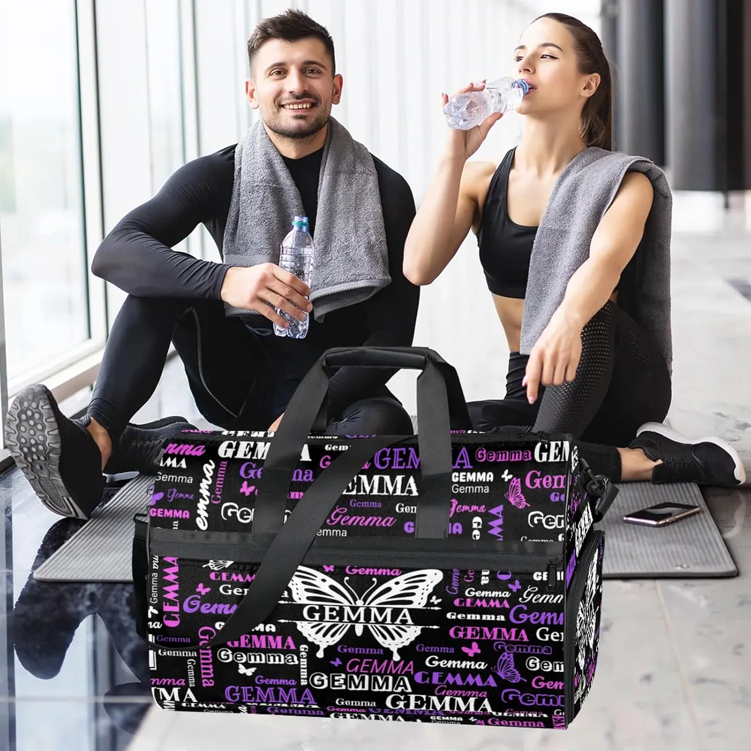 Custom Sport Duffel Bag with Name Butterfly Travel Overnight Bag with Shoes Compartment for Women Men Waterproof Dance Ballet Bag Lightweight, Black