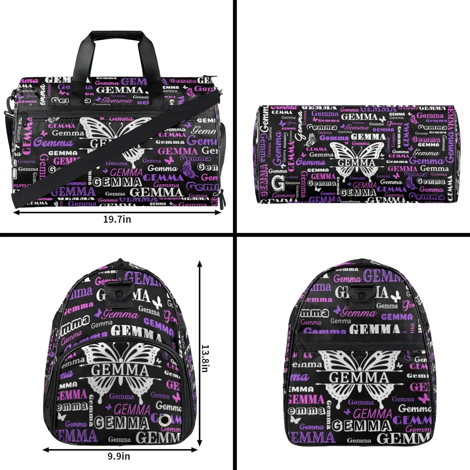 Custom Sport Duffel Bag with Name Butterfly Travel Overnight Bag with Shoes Compartment for Women Men Waterproof Dance Ballet Bag Lightweight, Black