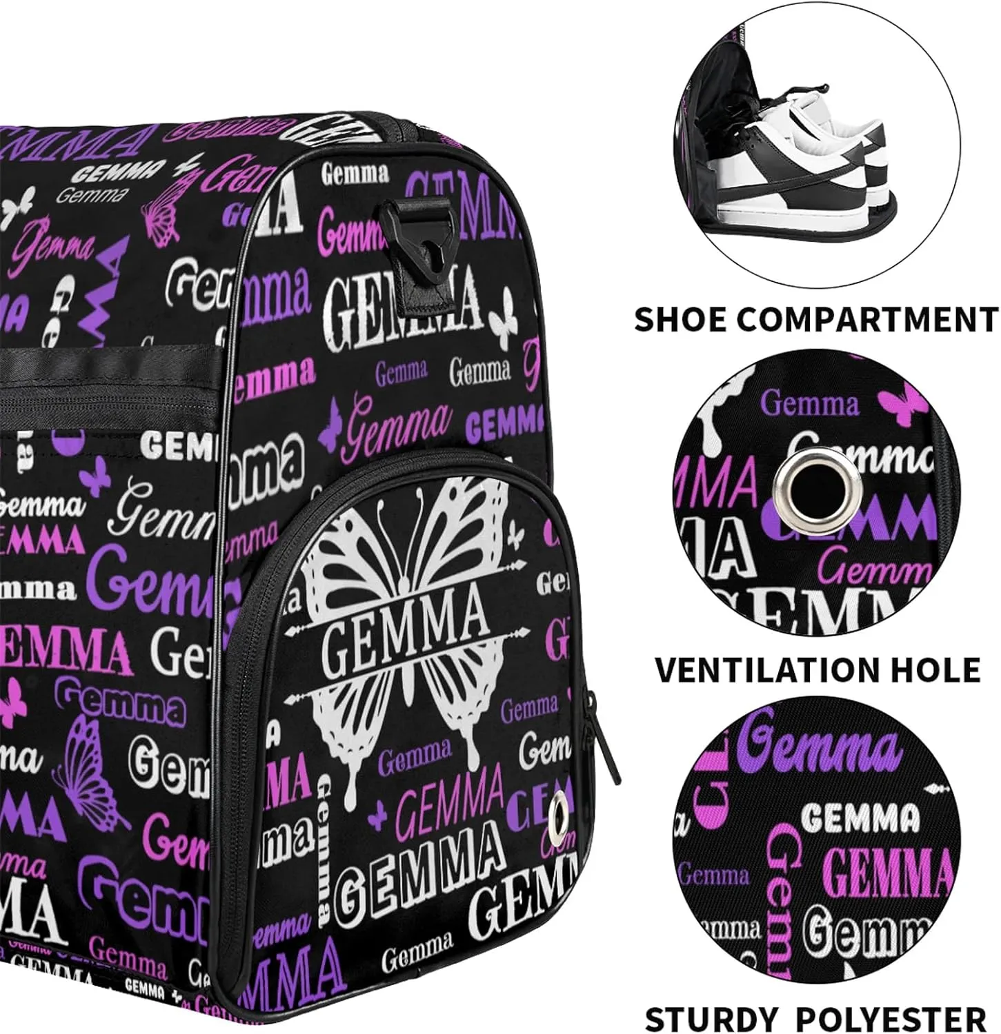 Custom Sport Duffel Bag with Name Butterfly Travel Overnight Bag with Shoes Compartment for Women Men Waterproof Dance Ballet Bag Lightweight, Black