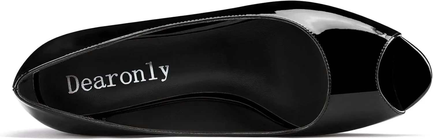 DearOnly Womens Wedge Pumps Peep Open Toe Slip On Low Block Chunky Heel Patent Dress Shoes Cute 2 Inch