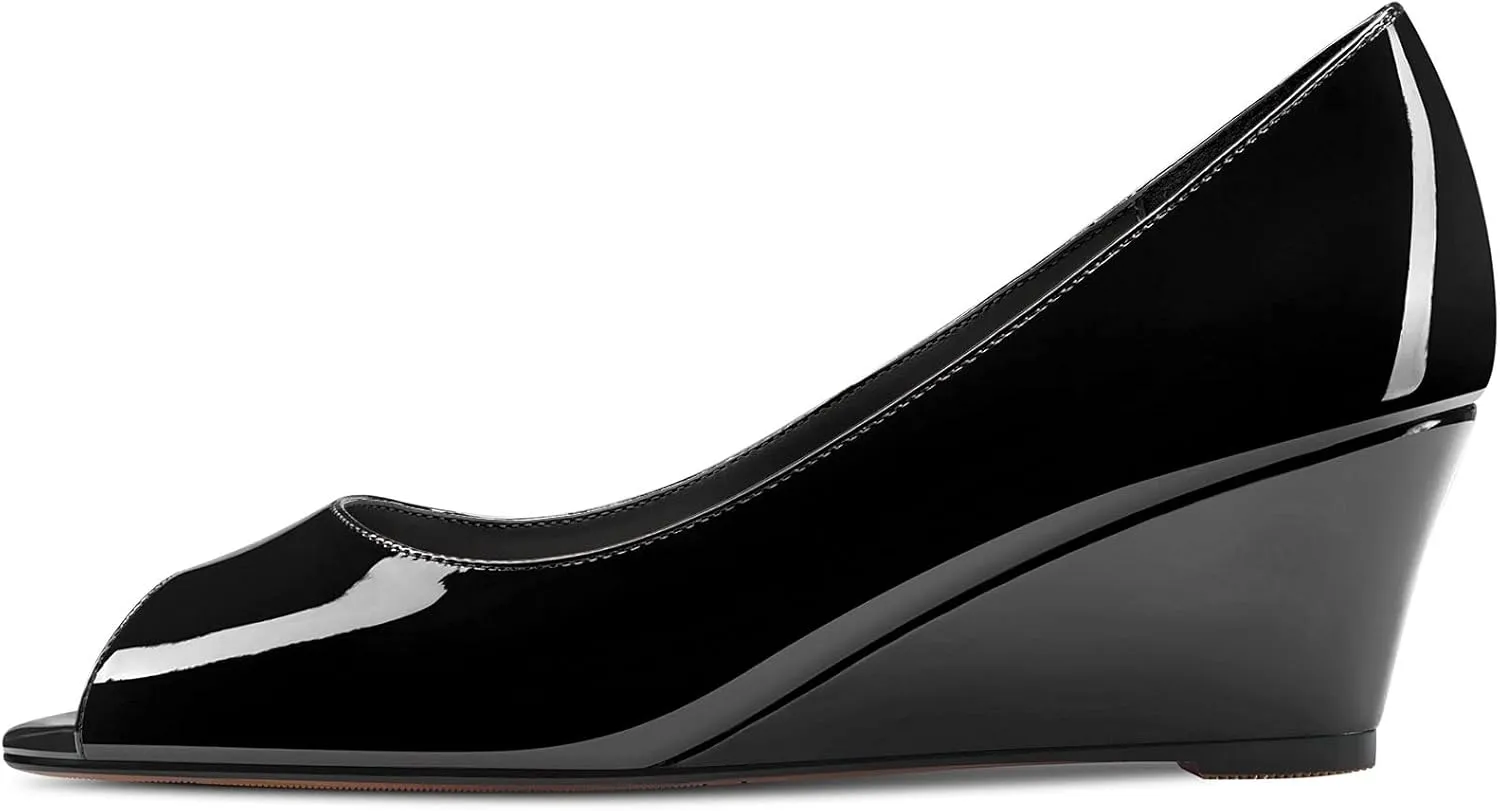 DearOnly Womens Wedge Pumps Peep Open Toe Slip On Low Block Chunky Heel Patent Dress Shoes Cute 2 Inch