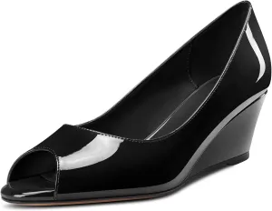DearOnly Womens Wedge Pumps Peep Open Toe Slip On Low Block Chunky Heel Patent Dress Shoes Cute 2 Inch