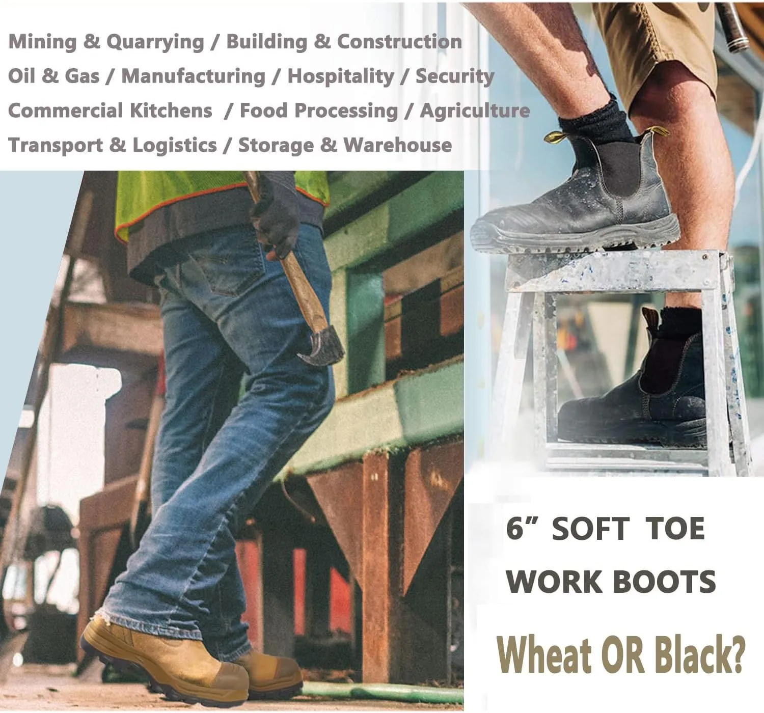 DIIG Work Boots for Men, Steel/Soft Toe Waterproof Working Boots, Slip Resistant Anti-Static Slip-on Safety Working Shoes