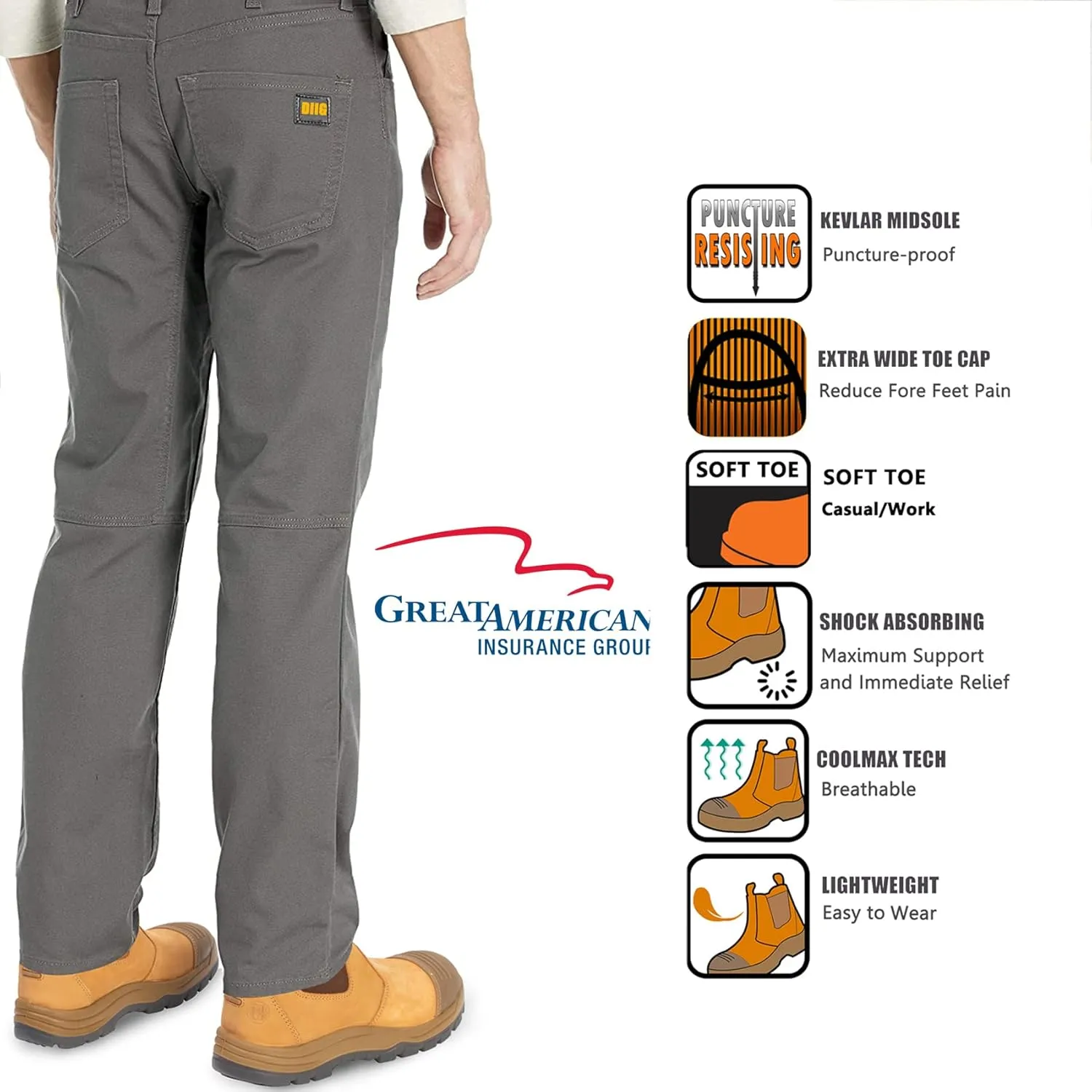 DIIG Work Boots for Men, Steel/Soft Toe Waterproof Working Boots, Slip Resistant Anti-Static Slip-on Safety Working Shoes