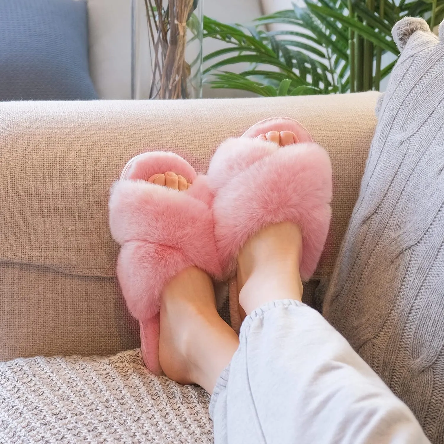 DL Womens Cross Band Soft Plush Slippers Furry Fleece Slip on Slippers Open Toe House Shoes Slides for Indoor Outdoor