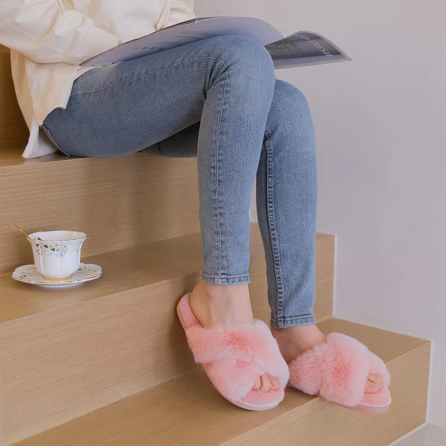 DL Womens Cross Band Soft Plush Slippers Furry Fleece Slip on Slippers Open Toe House Shoes Slides for Indoor Outdoor