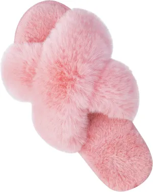 DL Womens Cross Band Soft Plush Slippers Furry Fleece Slip on Slippers Open Toe House Shoes Slides for Indoor Outdoor