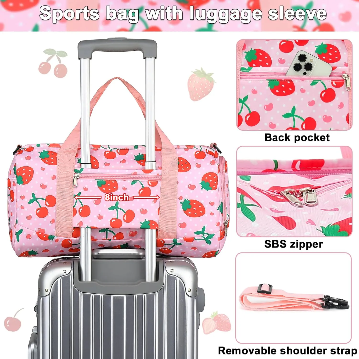 Duffle Bag for Girls Kids Overnight Bags Cute Strawberry Cherry Dance Sports Bag Travel Tote with Shoe Compartment and Wet Pocket