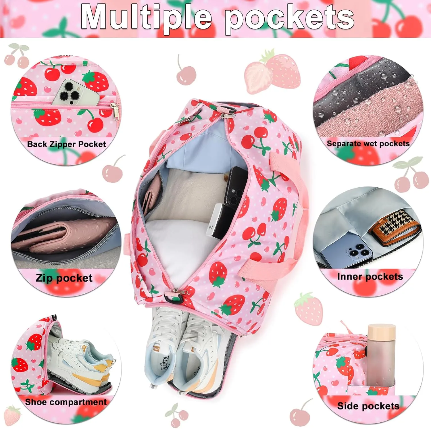 Duffle Bag for Girls Kids Overnight Bags Cute Strawberry Cherry Dance Sports Bag Travel Tote with Shoe Compartment and Wet Pocket