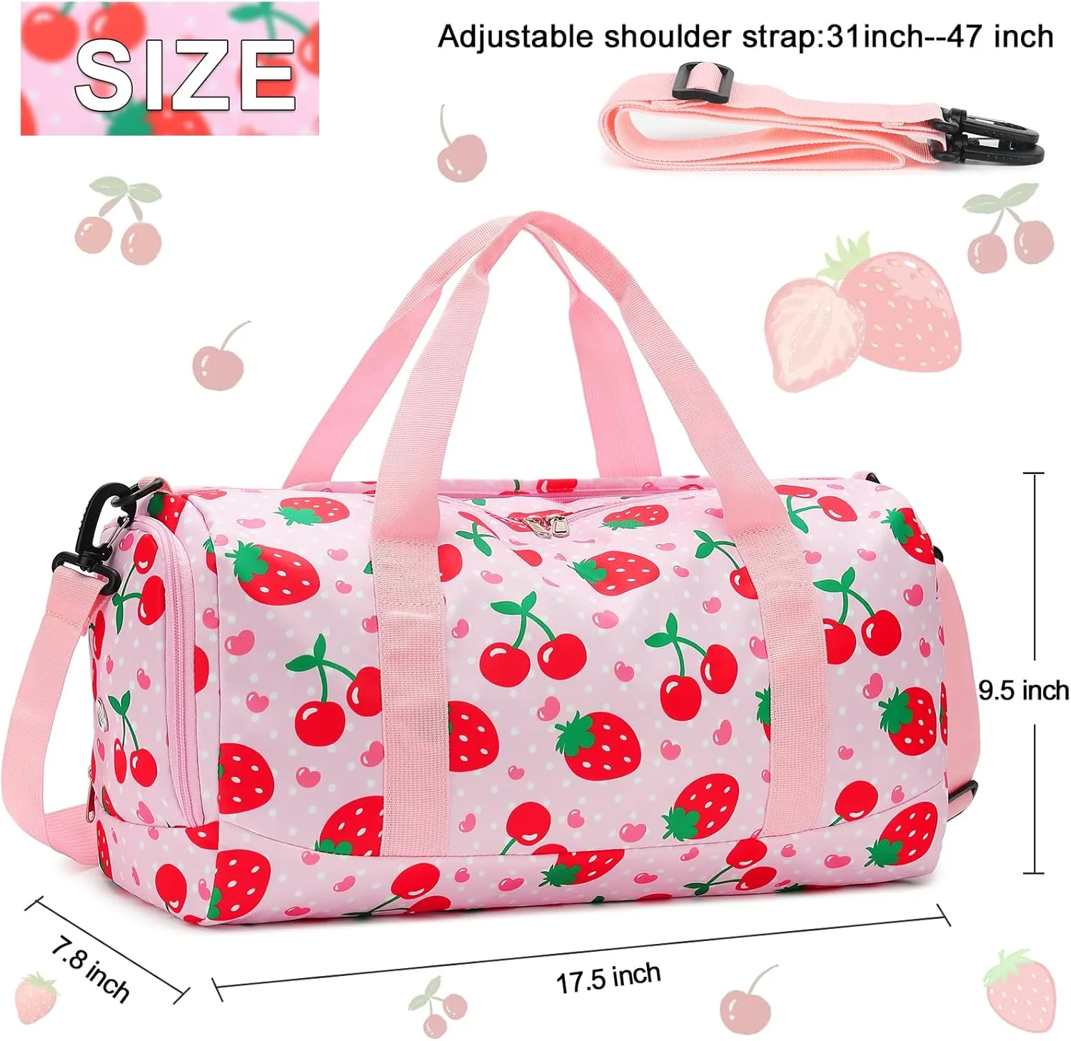 Duffle Bag for Girls Kids Overnight Bags Cute Strawberry Cherry Dance Sports Bag Travel Tote with Shoe Compartment and Wet Pocket
