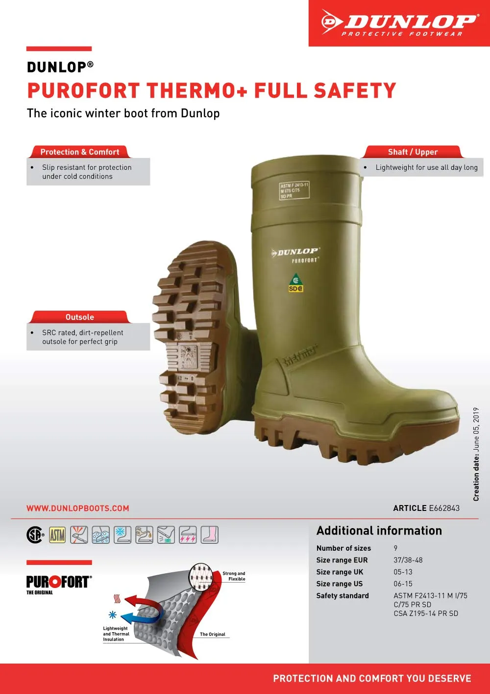 DUNLOP Protective Footwear, Purofort Thermo  Full Safety, 100% Waterproof Purofort Material, Lightweight and Durable Protective Footwear, Slip-Resistant, E662843.11, Size 11 US, Green/Brown
