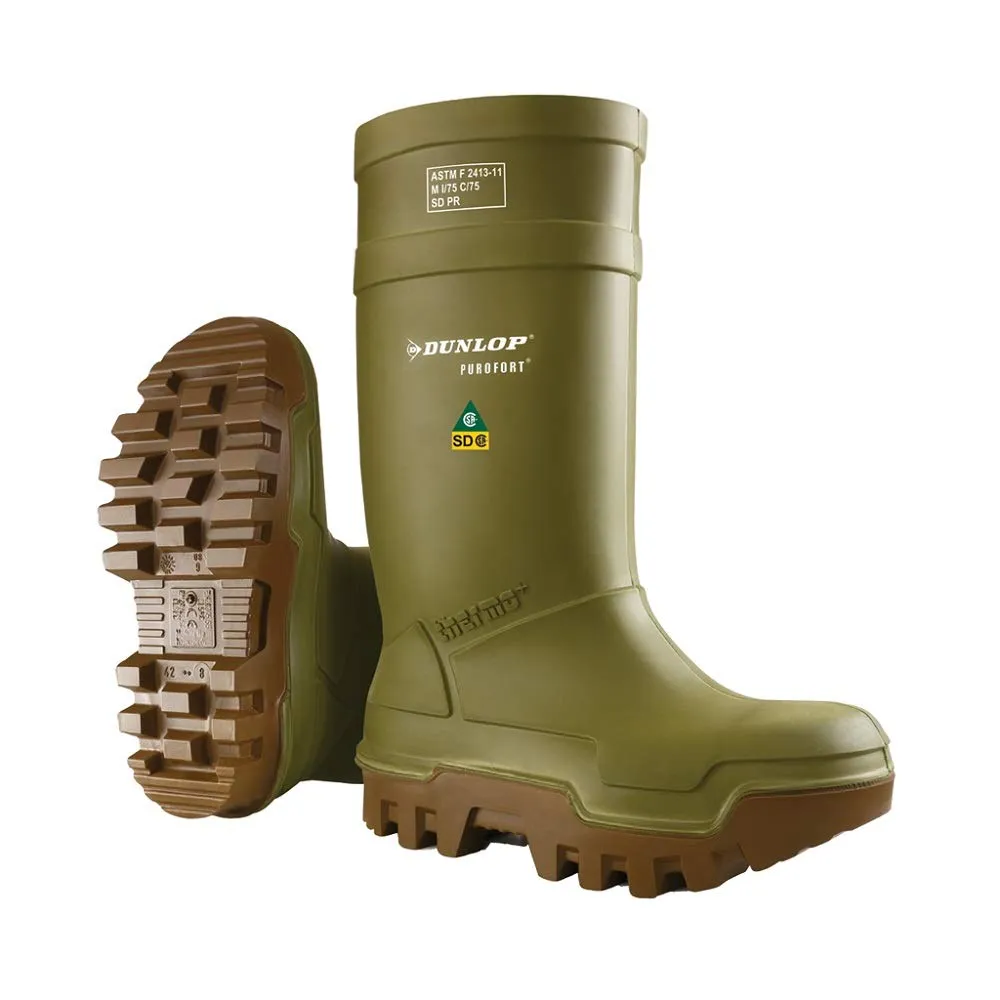 DUNLOP Protective Footwear, Purofort Thermo  Full Safety, 100% Waterproof Purofort Material, Lightweight and Durable Protective Footwear, Slip-Resistant, E662843.11, Size 11 US, Green/Brown