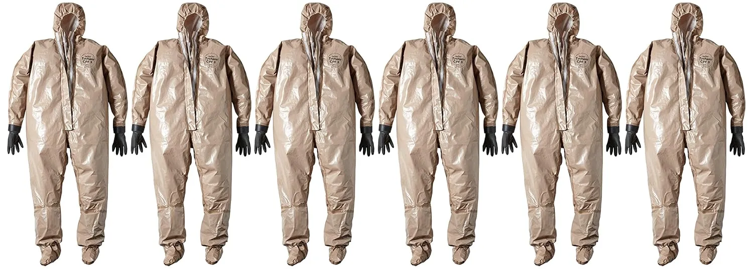 Dupont C3185TTN4X000600 CPF 3 Coverall with Respirator Fit Hood, Attached Dual Layer Gloves, Taped Seam, 4X-Large, Tan (Pack of 6)