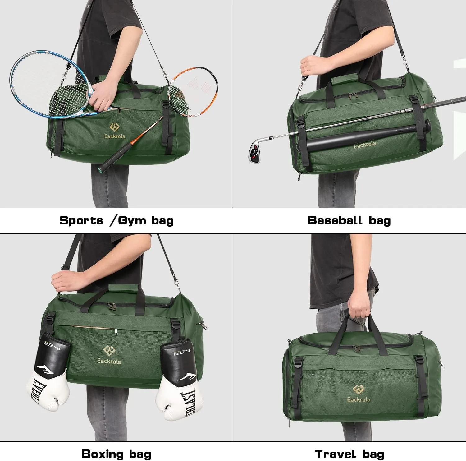 Eackrola Large Sports Gym Bag, Travel Duffel bag with Wet Pocket & Shoes Compartment for men women, 65L, Lightweight