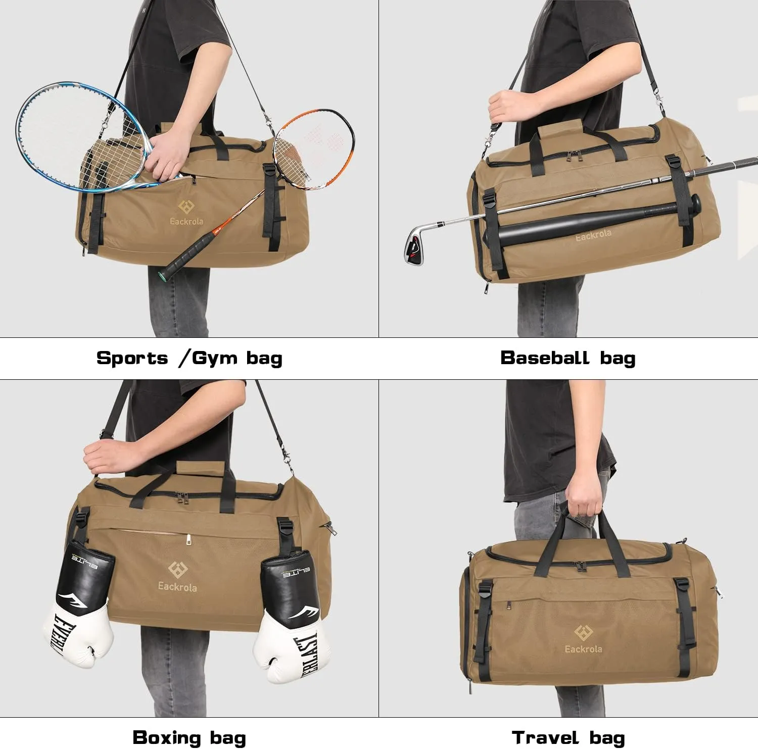 Eackrola Large Sports Gym Bag, Travel Duffel bag with Wet Pocket & Shoes Compartment for men women, 65L, Lightweight
