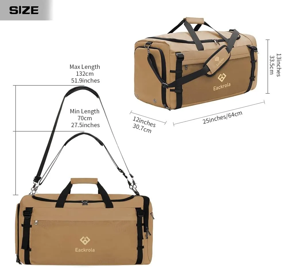 Eackrola Large Sports Gym Bag, Travel Duffel bag with Wet Pocket & Shoes Compartment for men women, 65L, Lightweight