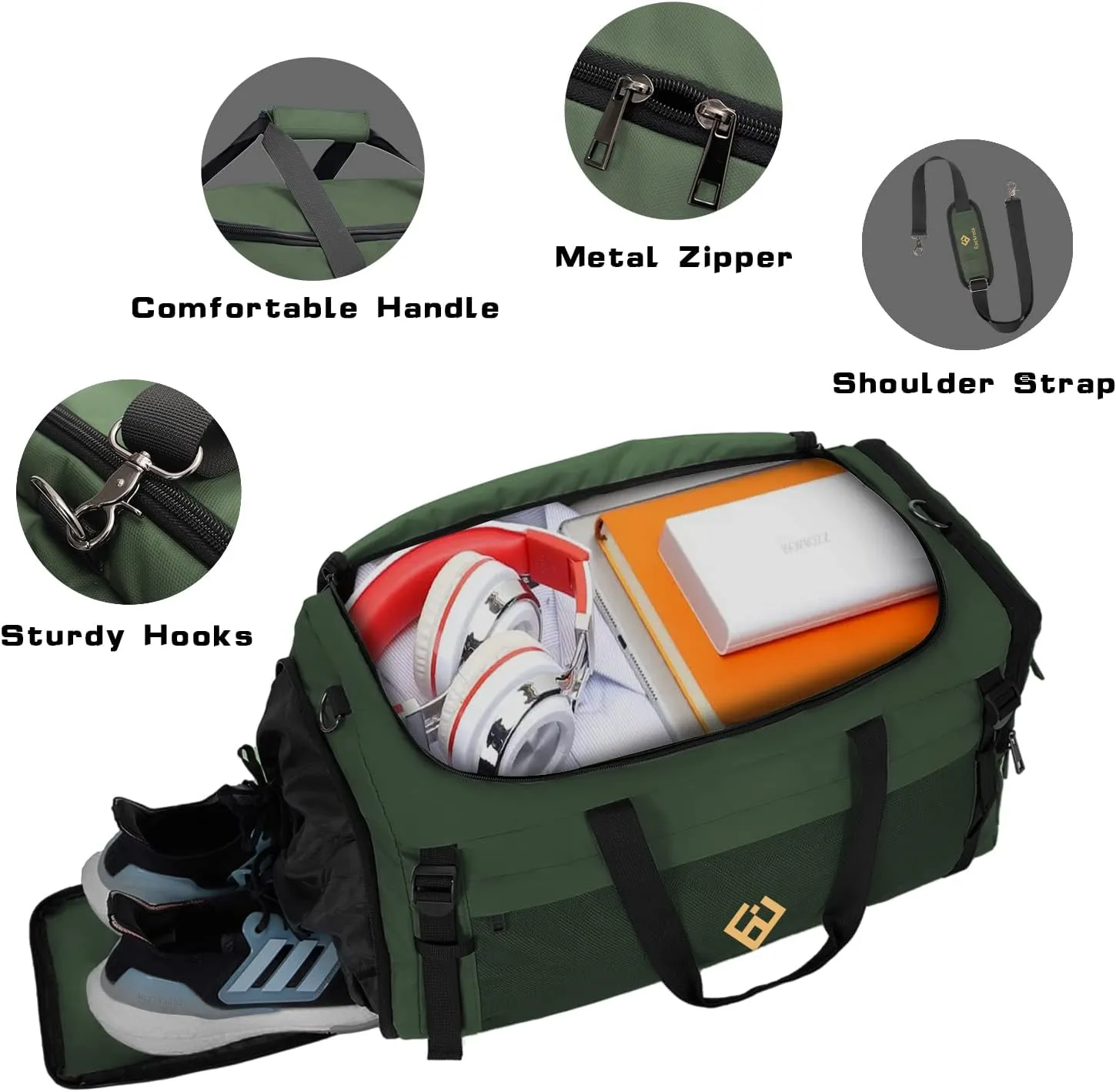 Eackrola Large Sports Gym Bag, Travel Duffel bag with Wet Pocket & Shoes Compartment for men women, 65L, Lightweight