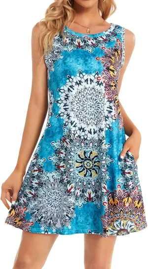 elescat Women's Summer Dresses 2025 Beach Casual Sleeveless Floral Print Tank Loose Sundress with Pocket