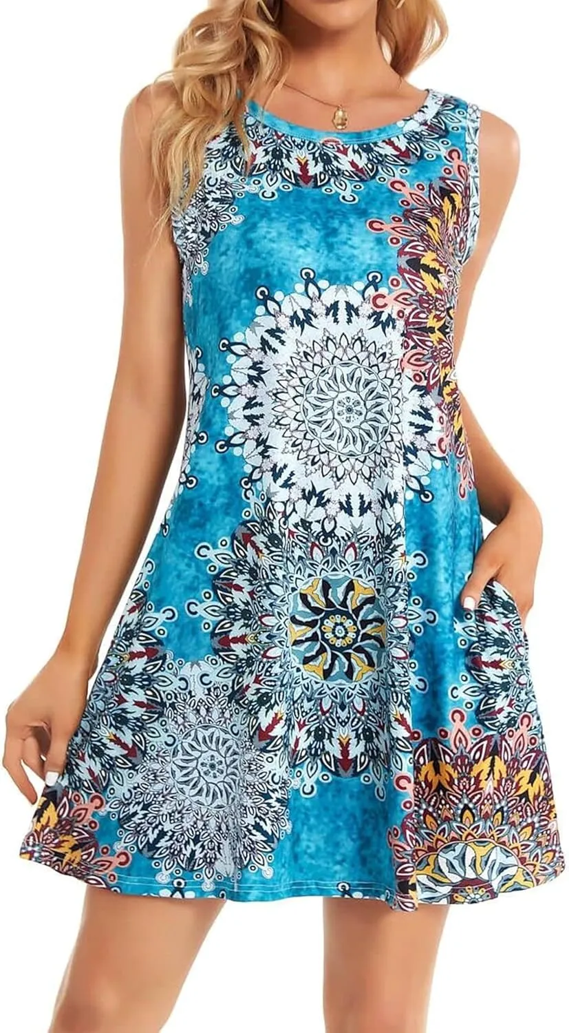 elescat Women's Summer Dresses 2025 Beach Casual Sleeveless Floral Print Tank Loose Sundress with Pocket
