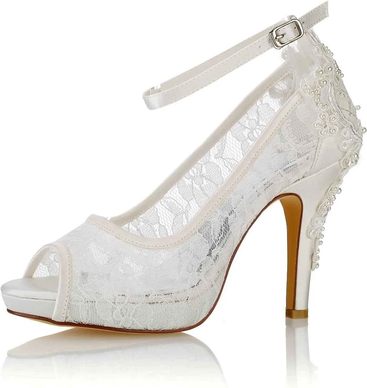 Emily Bridal Wedding Shoes Silk High Heel Peep Toe Pearls Detail Slip on Pumps