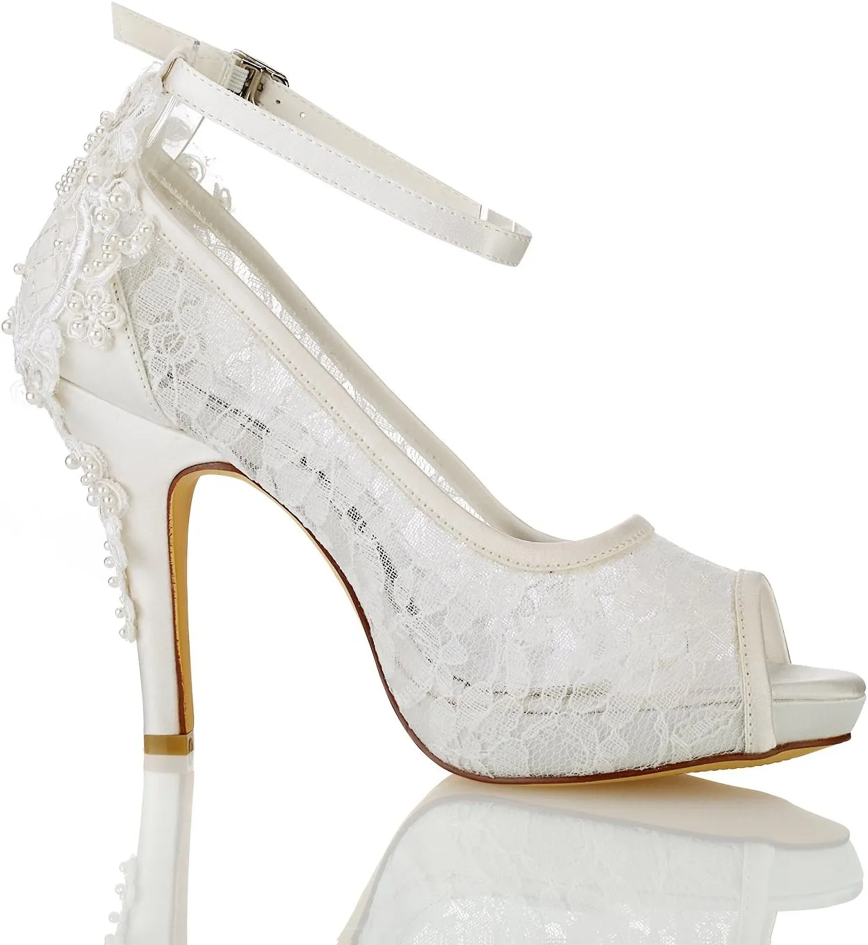 Emily Bridal Wedding Shoes Silk High Heel Peep Toe Pearls Detail Slip on Pumps