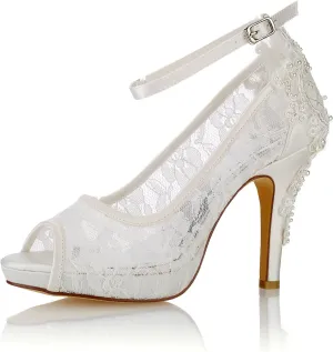 Emily Bridal Wedding Shoes Silk High Heel Peep Toe Pearls Detail Slip on Pumps