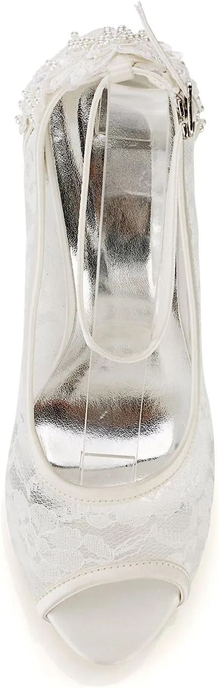 Emily Bridal Wedding Shoes Silk High Heel Peep Toe Pearls Detail Slip on Pumps