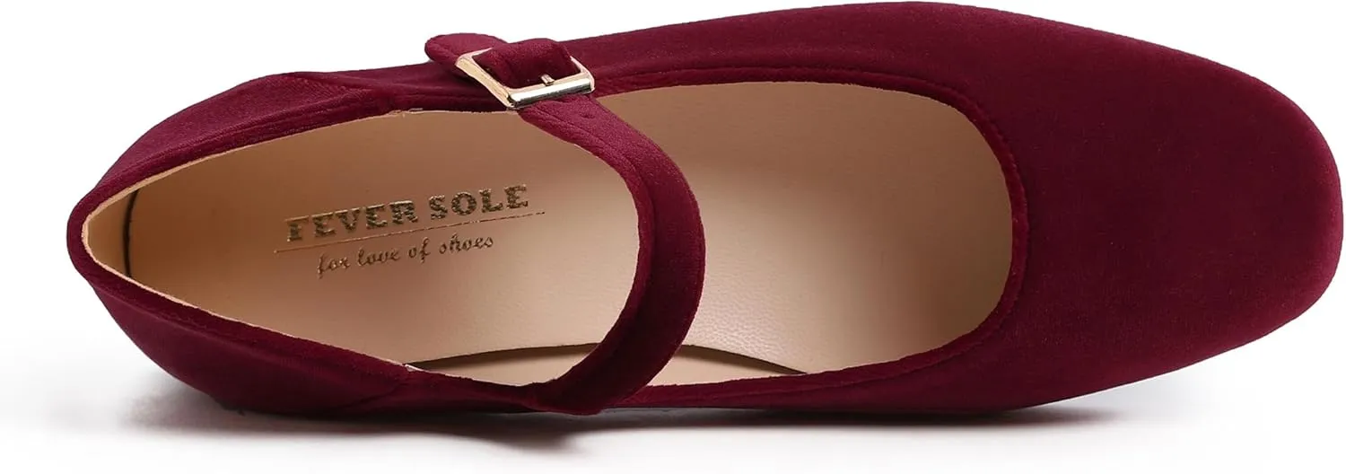 FEVERSOLE Women's Mary Jane Fashion Square Toe Easy Buckle Low Heel Slip On Flats