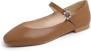 FEVERSOLE Women's Mary Jane Fashion Square Toe Easy Buckle Slip On Flats