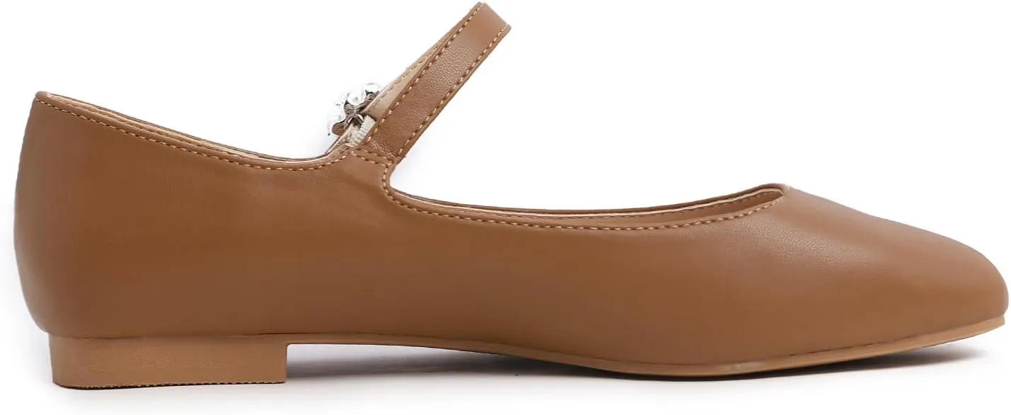 FEVERSOLE Women's Mary Jane Fashion Square Toe Easy Buckle Slip On Flats