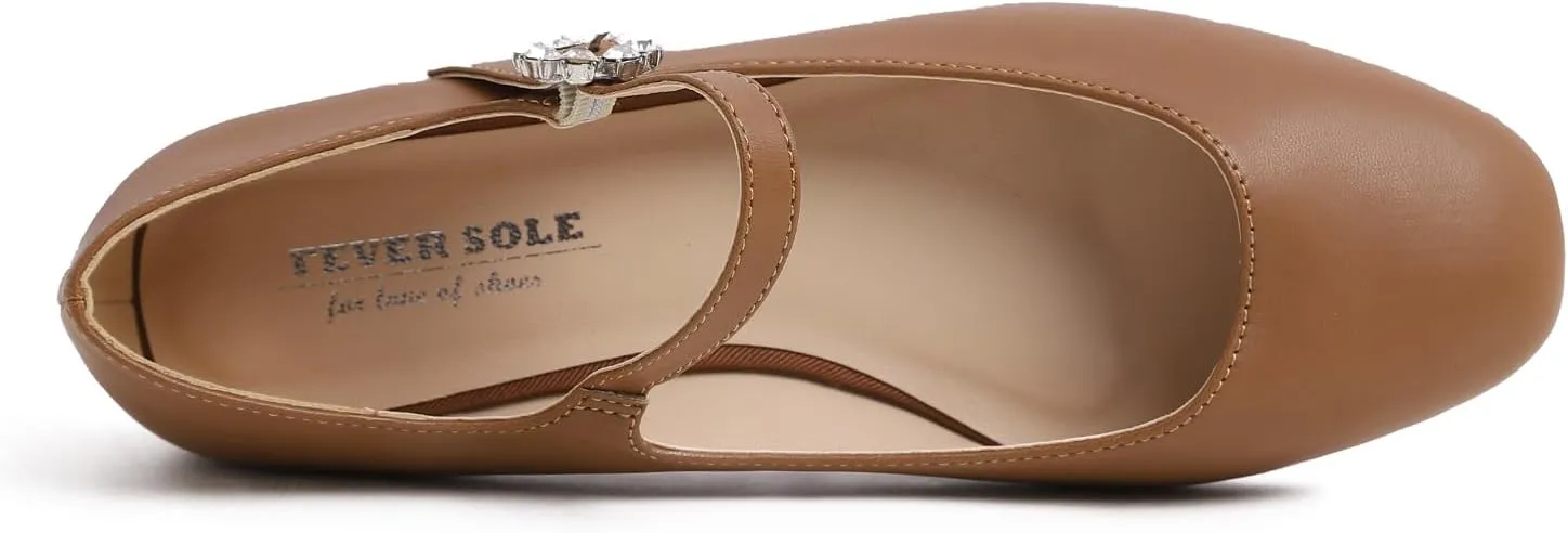 FEVERSOLE Women's Mary Jane Fashion Square Toe Easy Buckle Slip On Flats