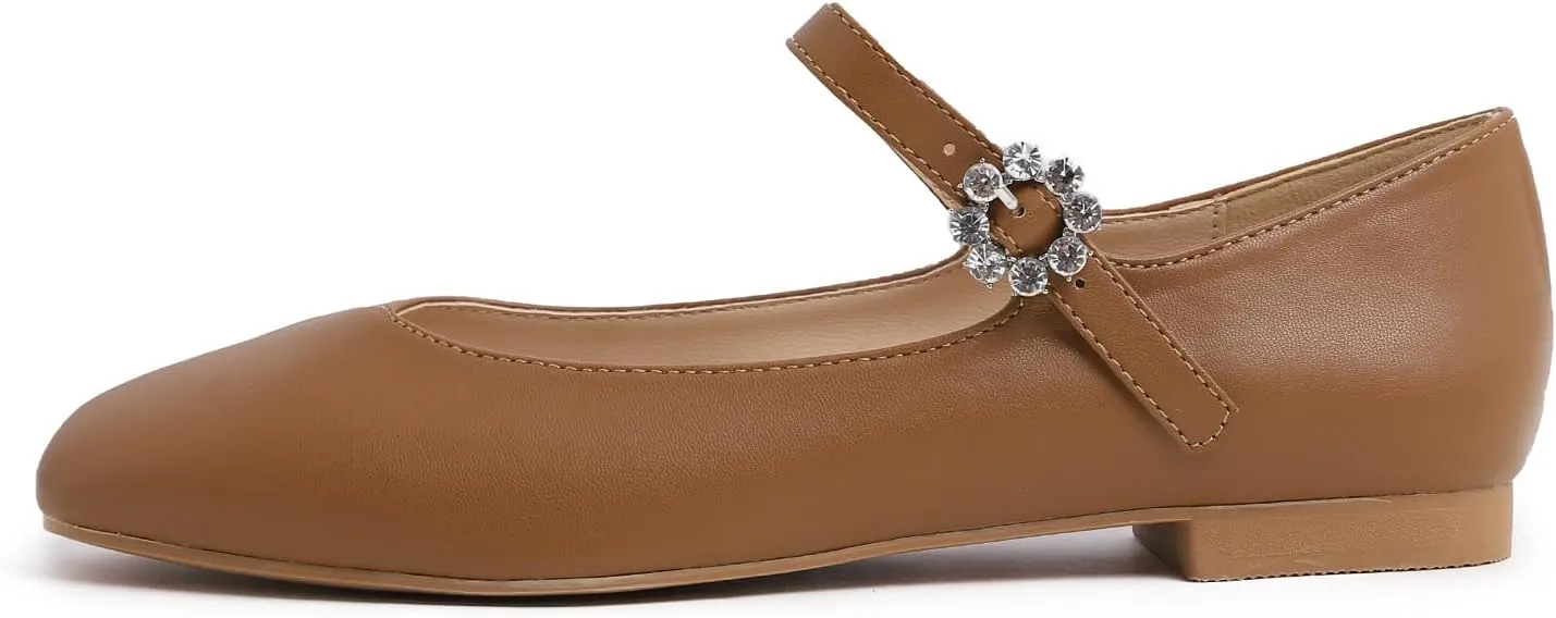 FEVERSOLE Women's Mary Jane Fashion Square Toe Easy Buckle Slip On Flats