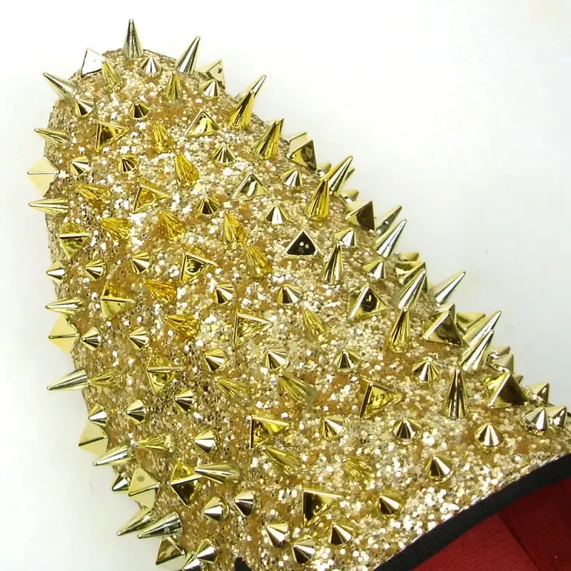 Fiesso FI-7239 Gold Glitter Gold Spikes Loafers