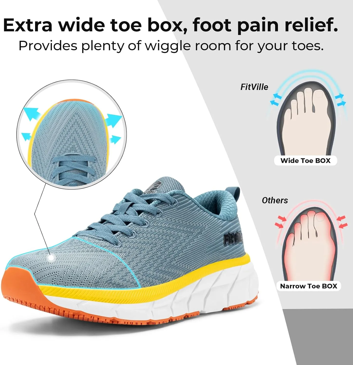 FitVille Wide Toe Box Men's Cushioned Extra Wide Width Non Slip Running Shoes - Comfortable Lightweight Walking Shoes