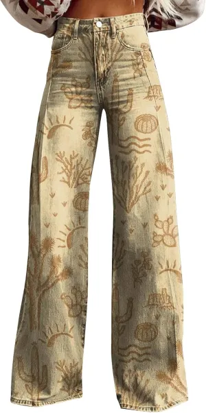 Flare Jeans for Women Flower Print Cute Trendy Wide Leg Baggy Pants High Waisted Flared Denim Trouser Vintage Jeans