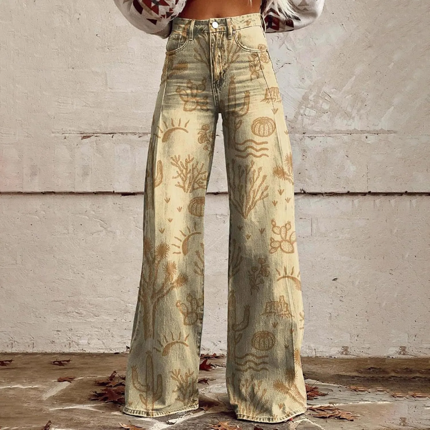 Flare Jeans for Women Flower Print Cute Trendy Wide Leg Baggy Pants High Waisted Flared Denim Trouser Vintage Jeans