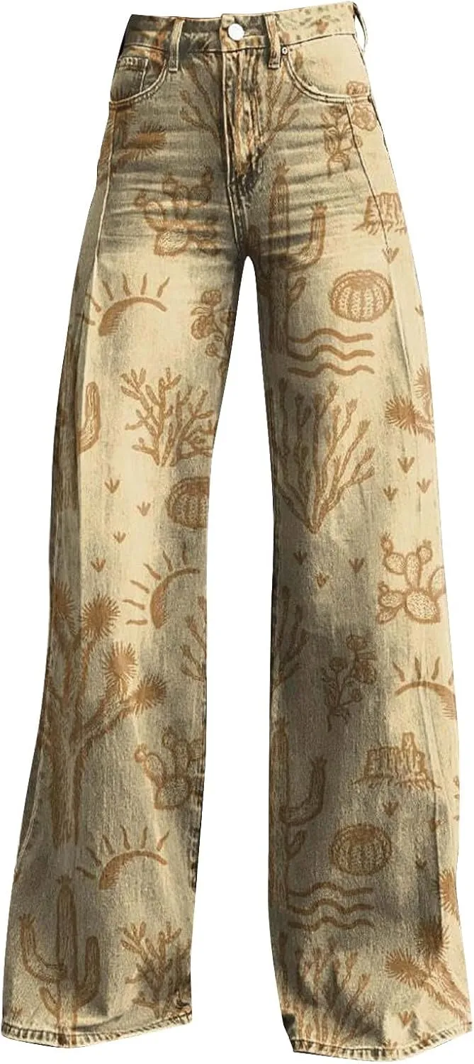 Flare Jeans for Women Flower Print Cute Trendy Wide Leg Baggy Pants High Waisted Flared Denim Trouser Vintage Jeans
